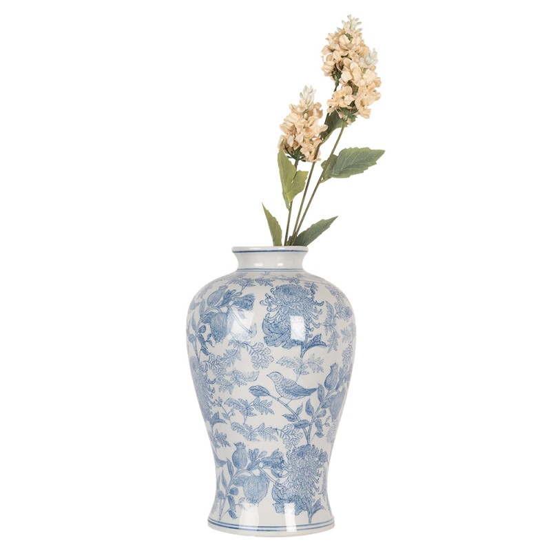 Clayre & Eef Vaas Ø 17x32 cm Wit Blauw Keramiek Vogels op Takken