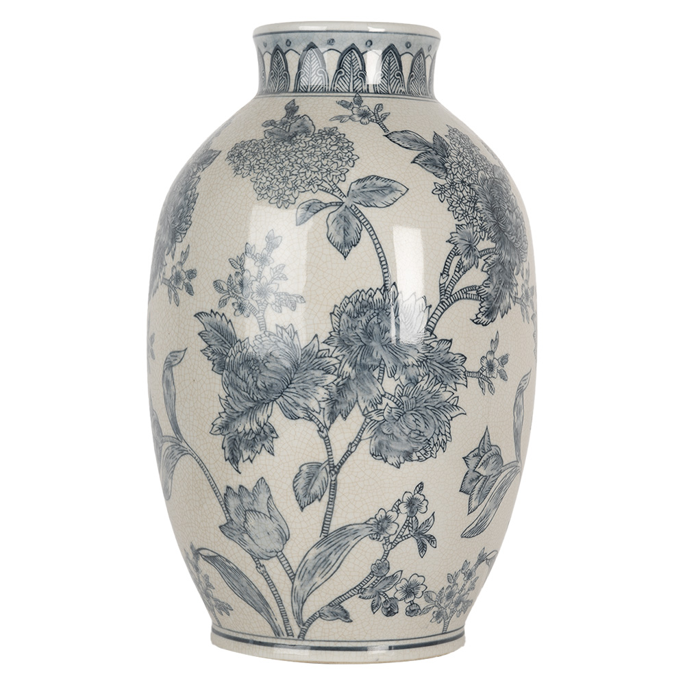 Vaas Ø 22X36 Cm Wit Blauw Keramiek Bloemen-image