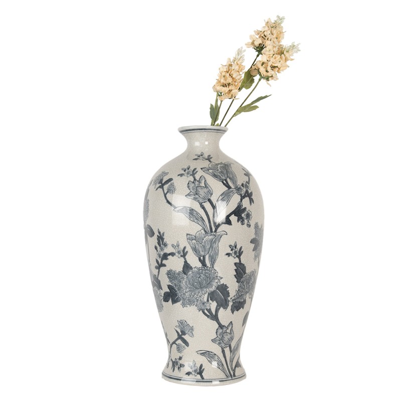 Clayre & Eef Vaas Ø 21x44 cm Wit Blauw Keramiek Bloemen