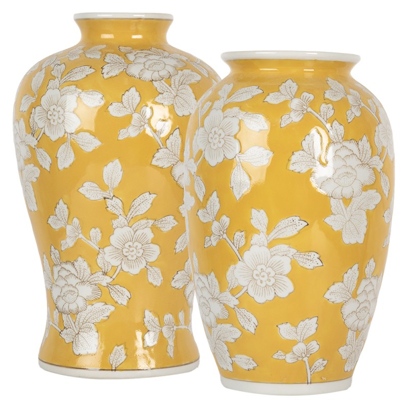 Clayre & Eef Vaso  Ø 17x27 cm Giallo Bianco Ceramica Fiori