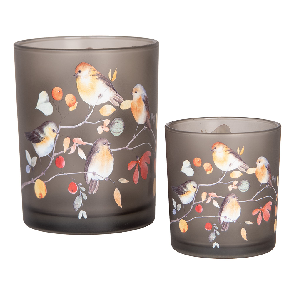 Clayre & Eef Theelichthouder Set van 2 Ø 7x8 / 10x13 cm Grijs Glas Vogels op Takken afbeelding 1