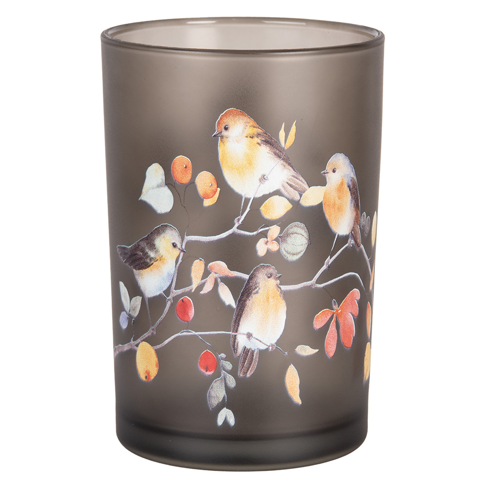 Clayre & Eef Theelichthouder Ø 12x18 cm Grijs Glas Vogels op Takken afbeelding 1