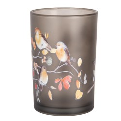 Clayre & Eef Porte-bougie Ø 12x18 cm Gris Verre Oiseaux sur les branches