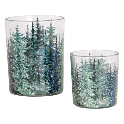 Clayre & Eef Tealight Holder Set of 2 Ø 7x8 / 10x13 cm Green Glass Pine Trees