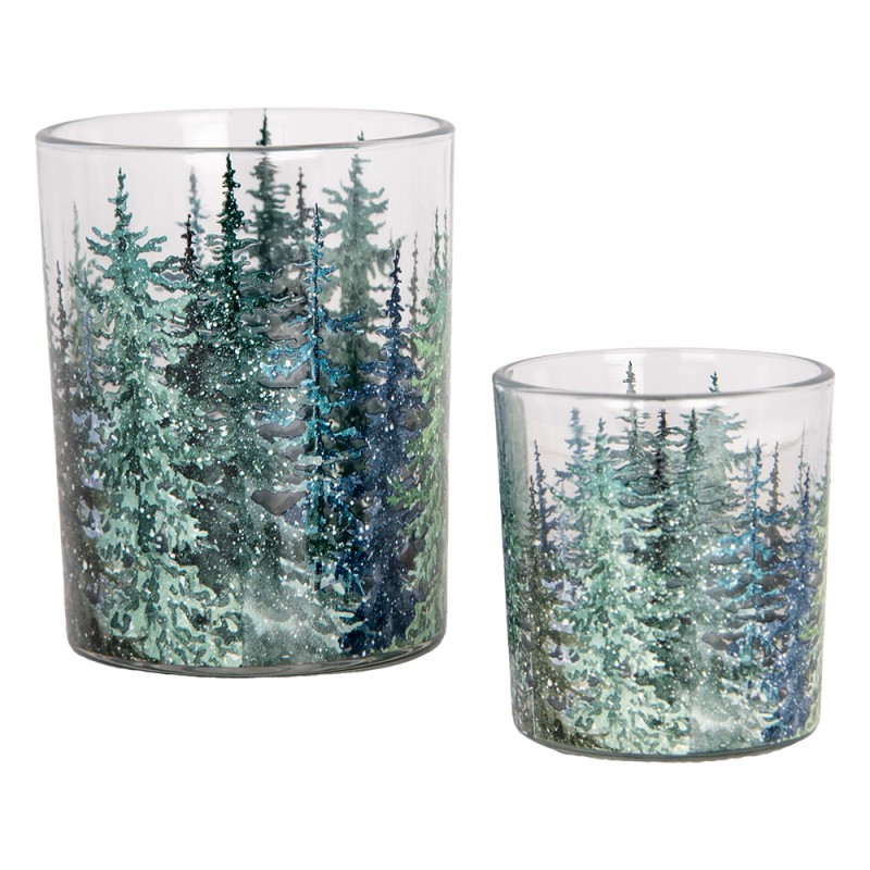 Clayre & Eef Tealight Holder Set of 2 Ø 7x8 / 10x13 cm Green Glass Pine Trees