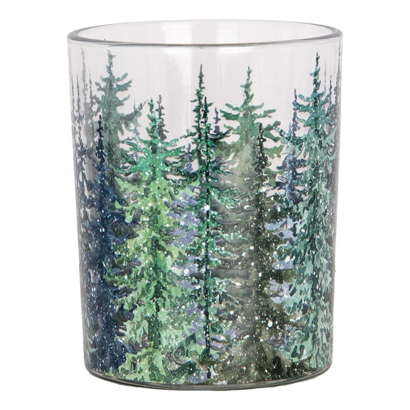 Clayre & Eef Tealight Holder Set of 2 Ø 7x8 / 10x13 cm Green Glass Pine Trees