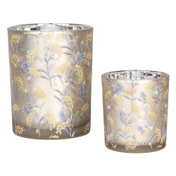 Clayre & Eef Porte-bougie set de 2 Ø 7x8 / 10x13 cm Gris Verre Fleurs