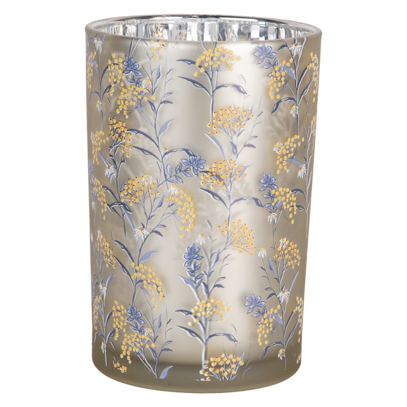 Clayre & Eef Tealight Holder Ø 12x18 cm Grey Glass Flowers