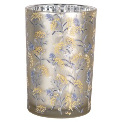 Clayre & Eef Porte-bougie Ø 12x18 cm Gris Verre Fleurs