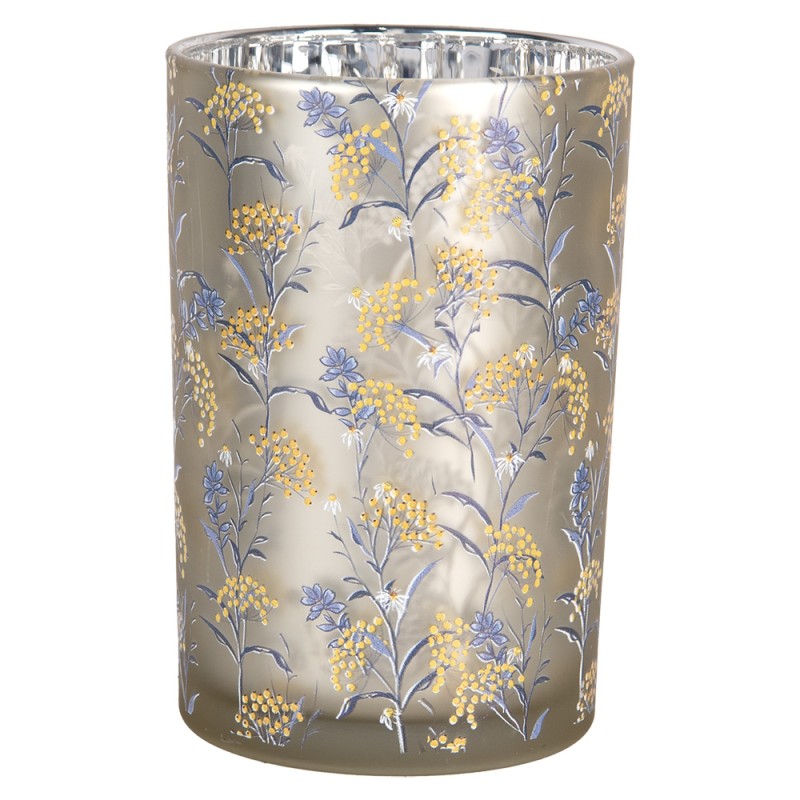 Clayre & Eef Tealight Holder Ø 12x18 cm Grey Glass Flowers