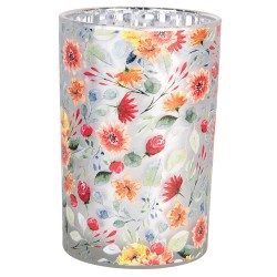 Clayre & Eef Porte-bougie Ø 12x18 cm Gris Verre Fleurs