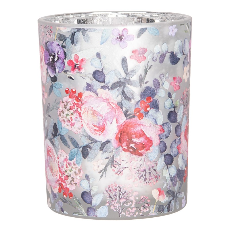Clayre & Eef Portacandela set di 2 Ø 7x8 / 10x13 cm Grigio Vetro Fiori
