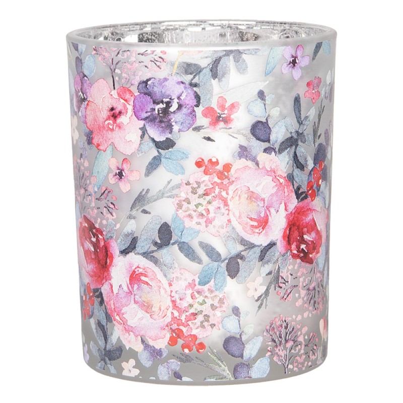 Clayre & Eef Portacandela set di 2 Ø 7x8 / 10x13 cm Grigio Vetro Fiori