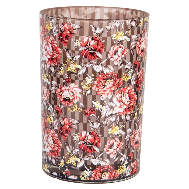 Clayre & Eef Portacandela Ø 12x18 cm Marrone Rosso Vetro Fiori