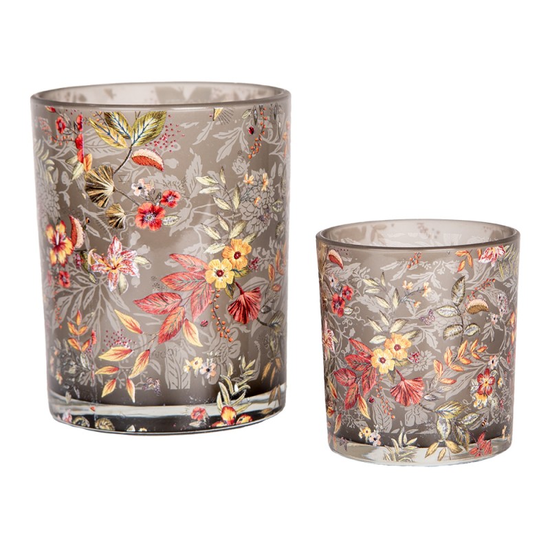 Clayre & Eef Tealight Holder Set of 2 Ø 7x8 / 10x13 cm Grey Glass Flowers