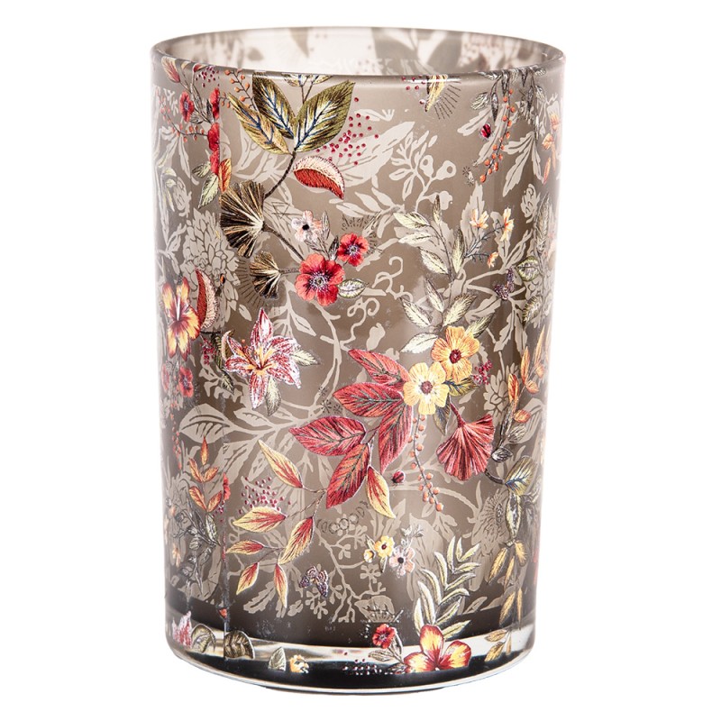 Clayre & Eef Porte-bougie Ø 12x18 cm Gris Verre Fleurs