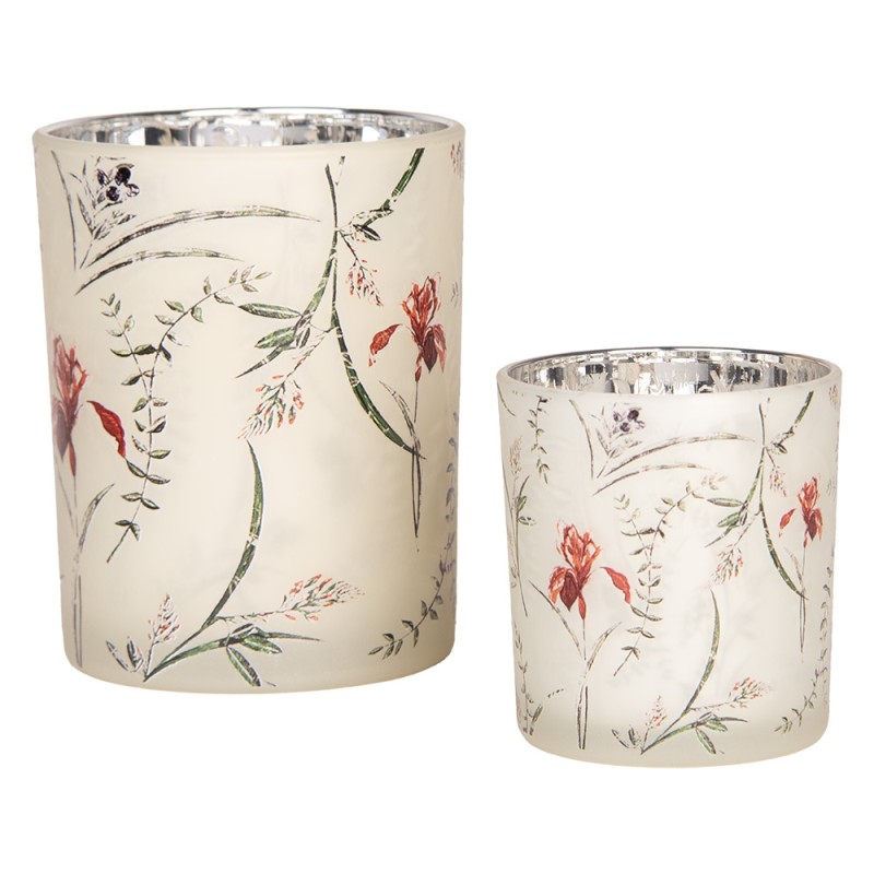 Clayre & Eef Tealight Holder Set of 2 Ø 7x8 / 10x13 cm Beige Glass Flowers
