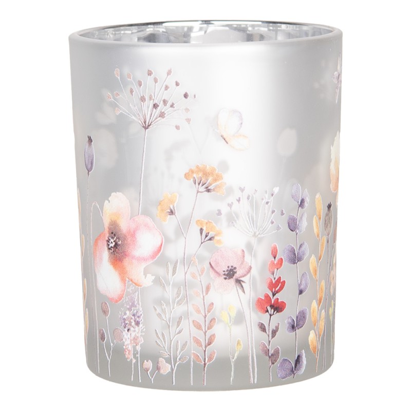Clayre & Eef Tealight Holder Set of 2 Ø 7x8 / 10x13 cm Grey Glass Flowers