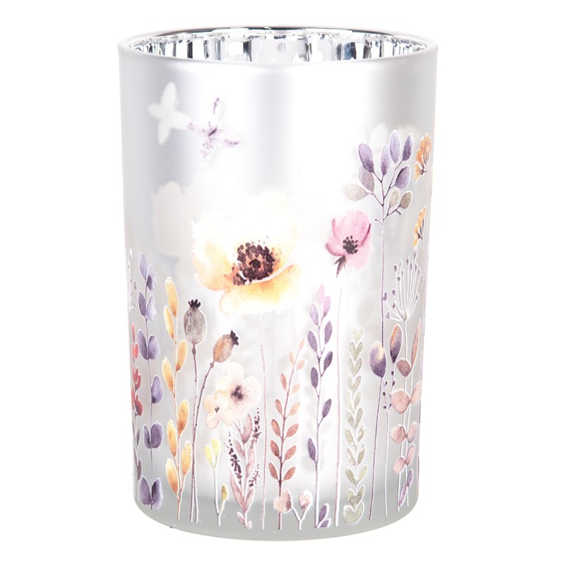 Clayre & Eef Portacandela Ø 12x18 cm Grigio Vetro Fiori
