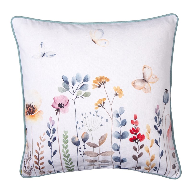 Clayre & Eef Cushion Cover 40x40 cm White Green Cotton Square Flowers