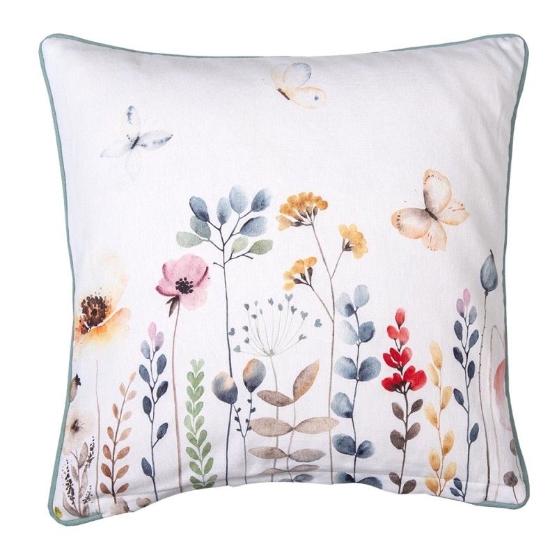 Clayre & Eef Cushion Cover 40x40 cm White Green Cotton Square Flowers