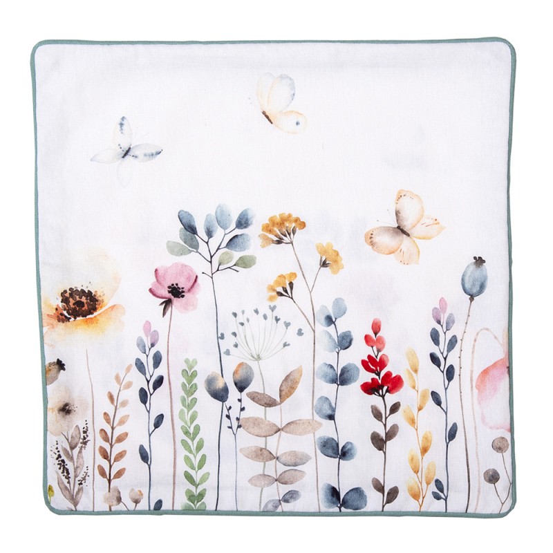 Clayre & Eef Cushion Cover 40x40 cm White Green Cotton Square Flowers