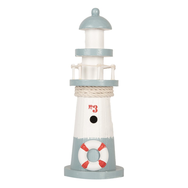 Clayre & Eef Dekorationsfigur Leuchtturm Ø 8x22 cm Weiß Blau Holzprodukt