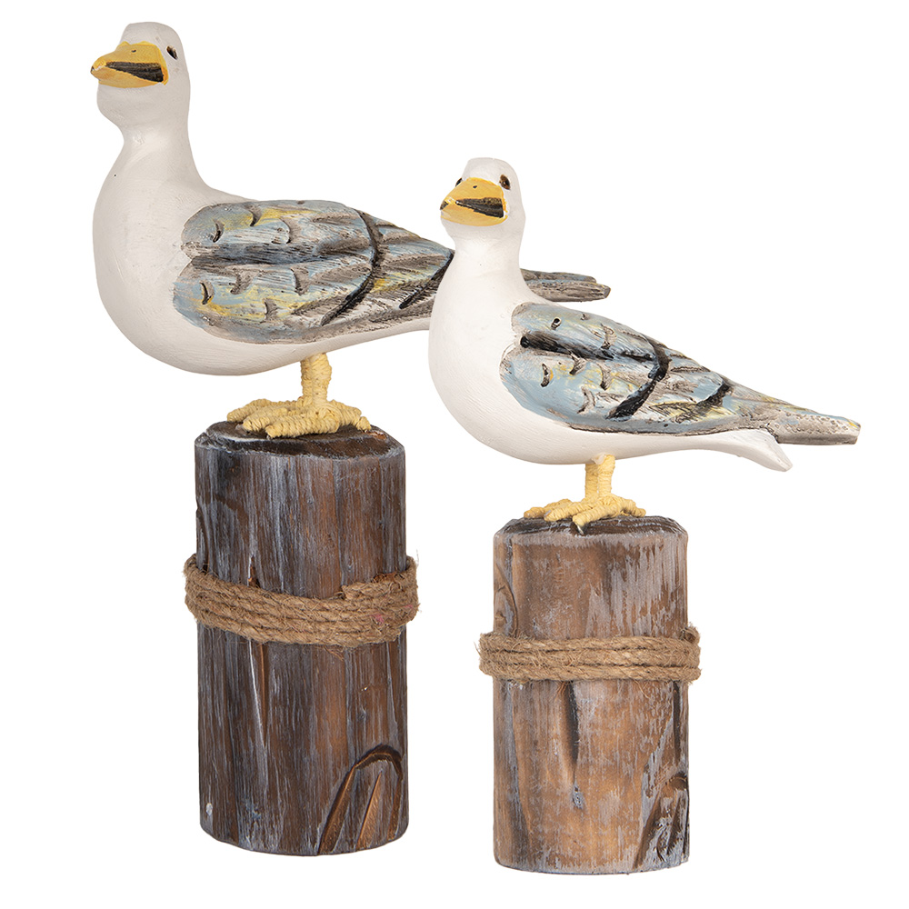 Clayre & Eef Decoratie Beeld Vogels 13x6x22 / 18x8x29 cm Bruin Wit Hout afbeelding