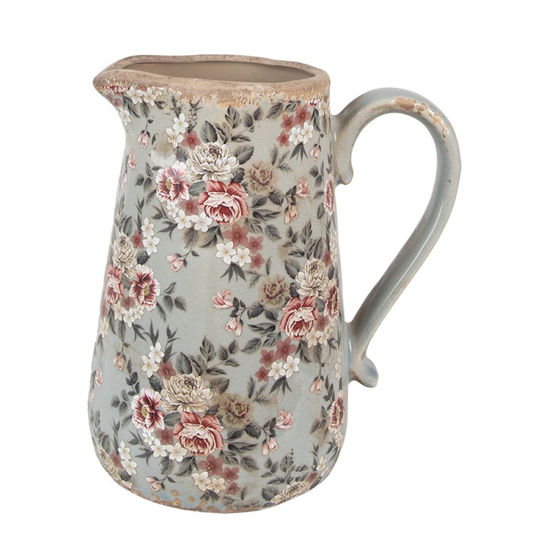 Clayre & Eef Dekorative Kanne 21x15x23 cm Grau Keramik Blumen