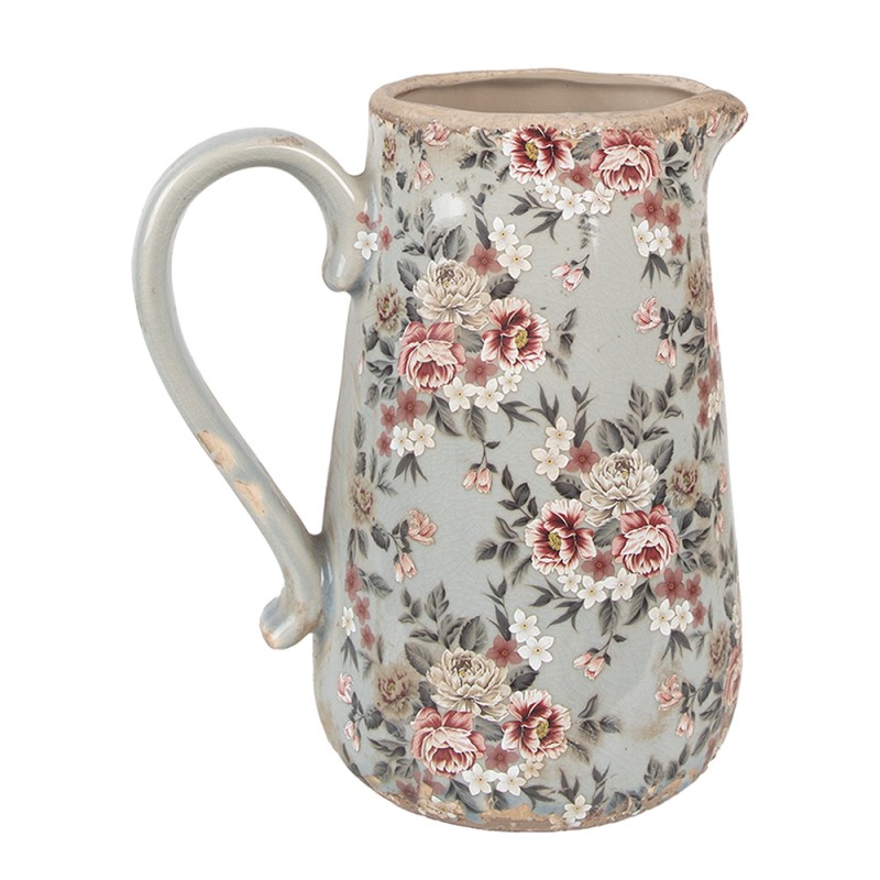 Clayre & Eef Dekorative Kanne 21x15x23 cm Grau Keramik Blumen