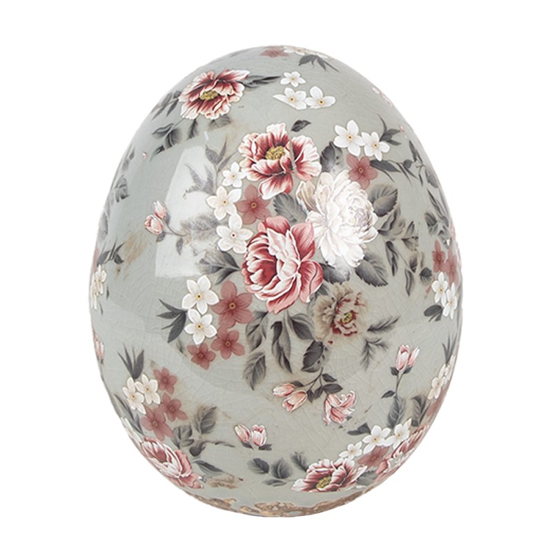 Clayre & Eef Decoratie Beeld Ei Ø 10x12 cm Grijs Keramiek Bloemen
