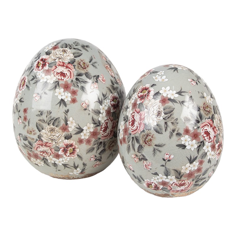 Clayre & Eef Decoratie Beeld Ei Ø 10x12 cm Grijs Keramiek Bloemen