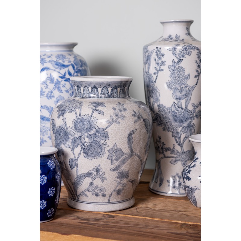 Clayre & Eef Vase Ø 23x29 cm Blanc Bleu Céramique Fleurs
