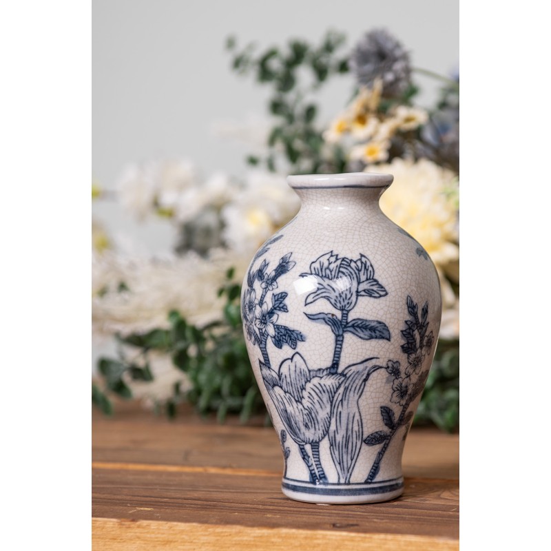 Clayre & Eef Vaso Ø 9x15 cm Bianco Blu Ceramica Fiori