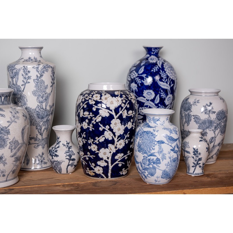 Clayre & Eef Vase Ø 20x30 cm Bleu Blanc Céramique Fleurs