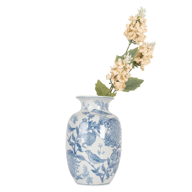 Clayre & Eef Vaas Ø 14x23 cm Wit Blauw Keramiek Vogels op Takken