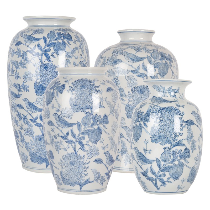 Clayre & Eef Vaas Ø 14x23 cm Wit Blauw Keramiek Vogels op Takken