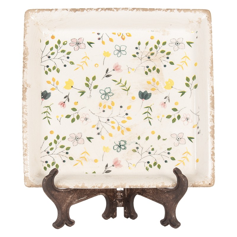 Clayre & Eef Onderbord 22x22x3 cm Beige Keramiek Bloemen