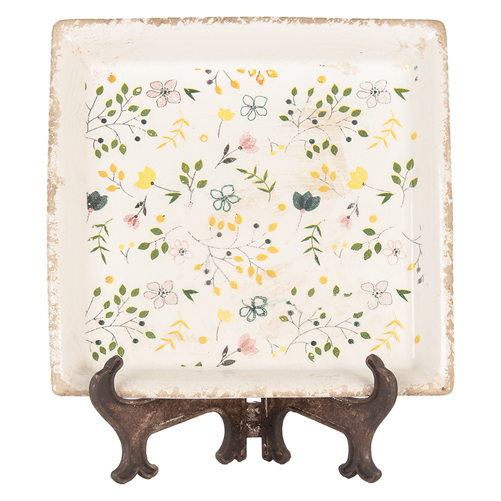 Clayre&Eef Onderbord 22x22x3 cm Beige Keramiek Bloemen afbeelding