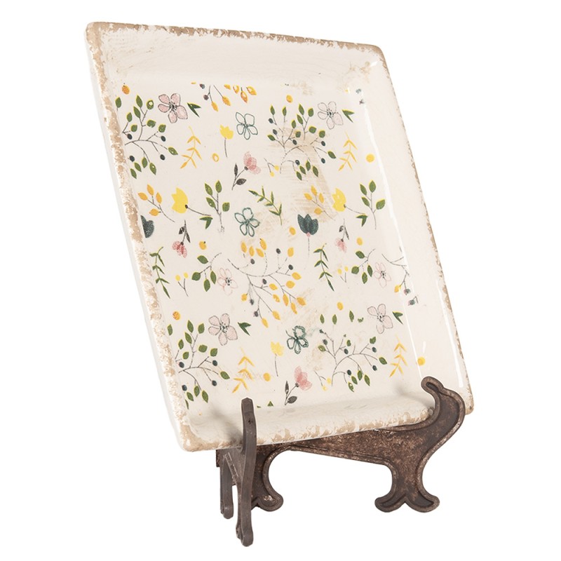 Clayre & Eef Onderbord 22x22x3 cm Beige Keramiek Bloemen