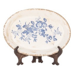 Clayre & Eef Sous-assiette  25x18x3 cm Beige Bleu Céramique Ovale Fleurs