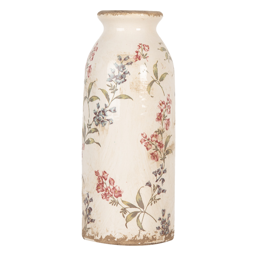 Clayre&Eef VaasØ 8x20 cm Beige Keramiek Bloemen afbeelding