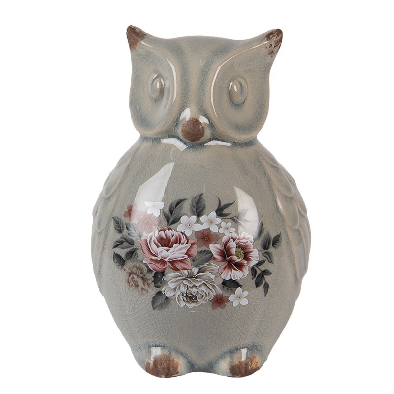 Clayre & Eef Decoratie Beeld Uil 11x10x17 cm Grijs Keramiek Bloemen
