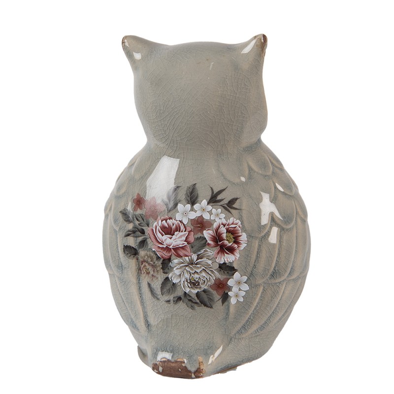 Clayre & Eef Decoratie Beeld Uil 11x10x17 cm Grijs Keramiek Bloemen