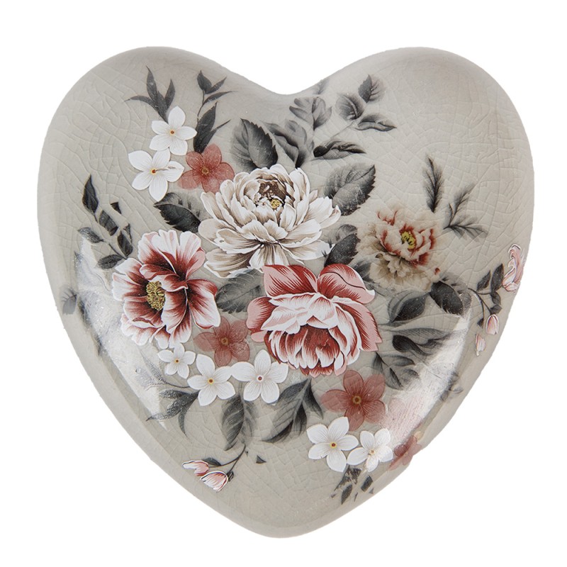 Clayre & Eef Figurine décorative Coeur 11x11x4 cm Gris Céramique En forme de coeur Fleurs