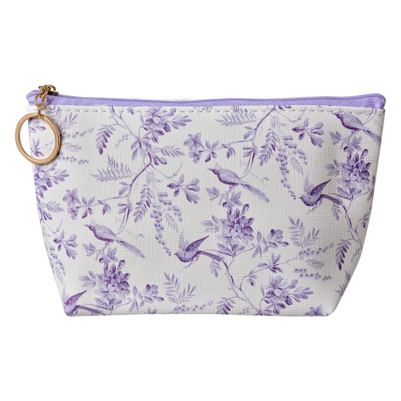 Clayre & Eef Ladies' Toiletry Bag 21x5x13 cm White Purple Synthetic Flowers
