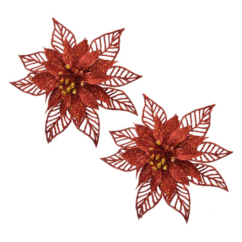 Clayre & Eef Christmas Ornament Set of 2 Poinsettia 15 cm Red Plastic
