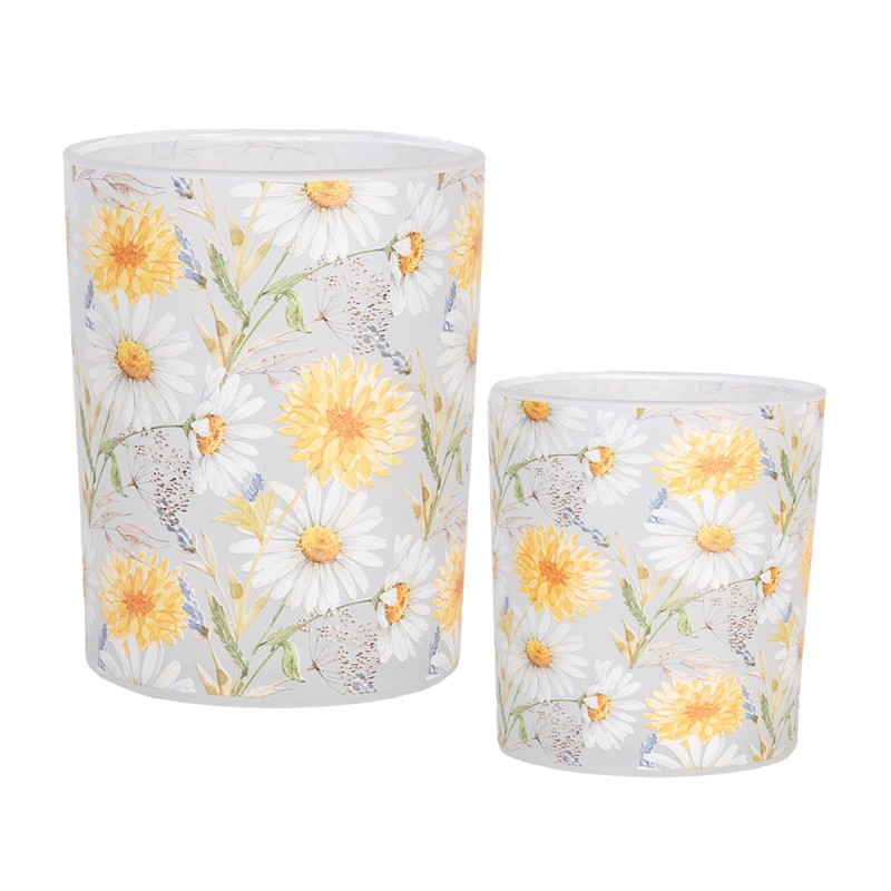 Clayre & Eef Porte-bougie set de 2 Ø 7x8 / 10x13 cm Blanc Jaune Verre Fleurs