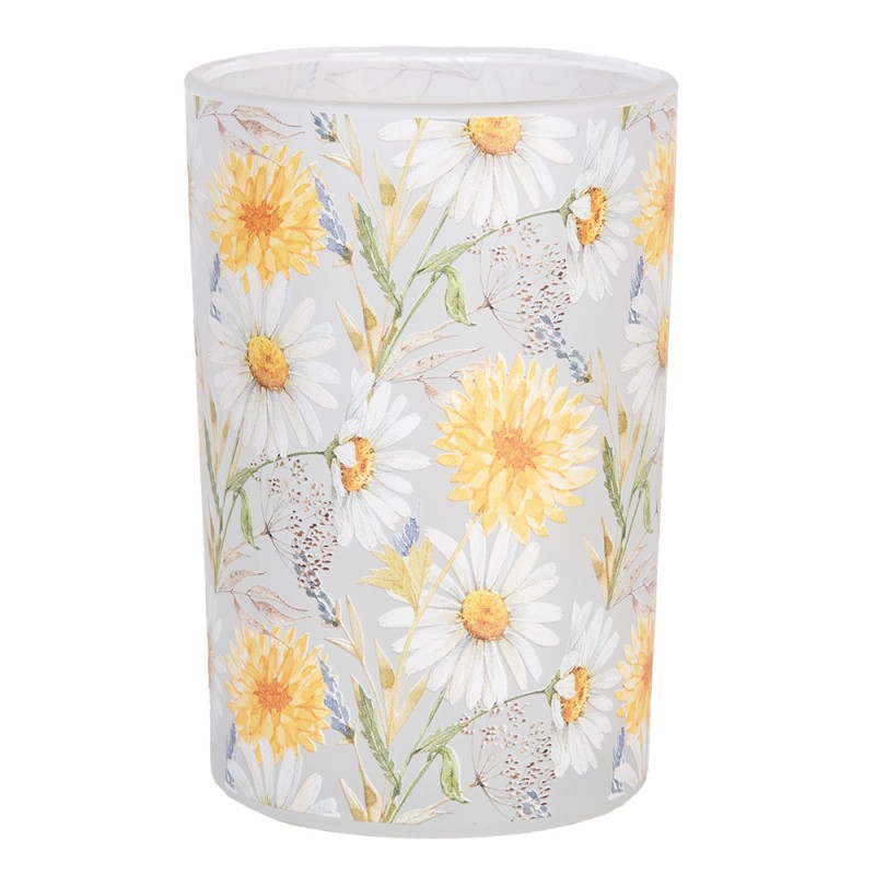 Clayre & Eef Theelichthouder Ø 12x18 cm Wit Geel Glas Bloemen