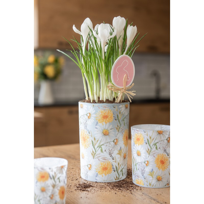 Clayre & Eef Theelichthouder Ø 12x18 cm Wit Geel Glas Bloemen